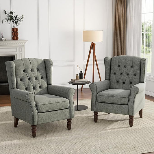 High Back Accent Chairs Set of 2, Upholstered Armchair in Fabric, Retro Wingback Arm Chair for Living Room, Comfy Single Sofa Bedroom Reading Seat with Solid Wood Legs - Dark Gray
