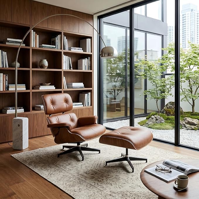Mid Century Chaise Lounge Chair with Ottoman, Top Black Grain Leather, Modern Office Chair Classic Design, Heavy Duty Base Support for Living Room Study Lounge Office