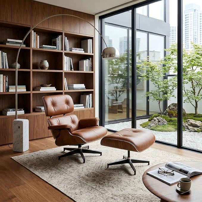 Mid Century Chaise Lounge Chair with Ottoman, Top Black Grain Leather, Modern Office Chair Classic Design, Heavy Duty Base Support for Living Room Study Lounge Office