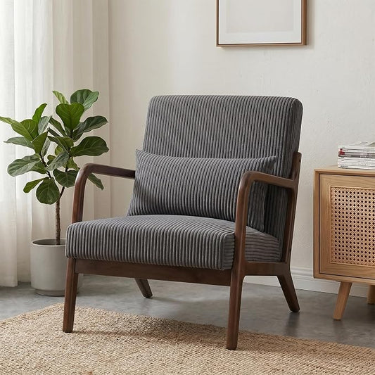 Mid Century Modern Accent Chair, Upholstered Corduroy Armchair with Lumbar Pillow, Solid Rubberwood Frame for Living Room, Bedroom, Waiting Room,Dark Grey