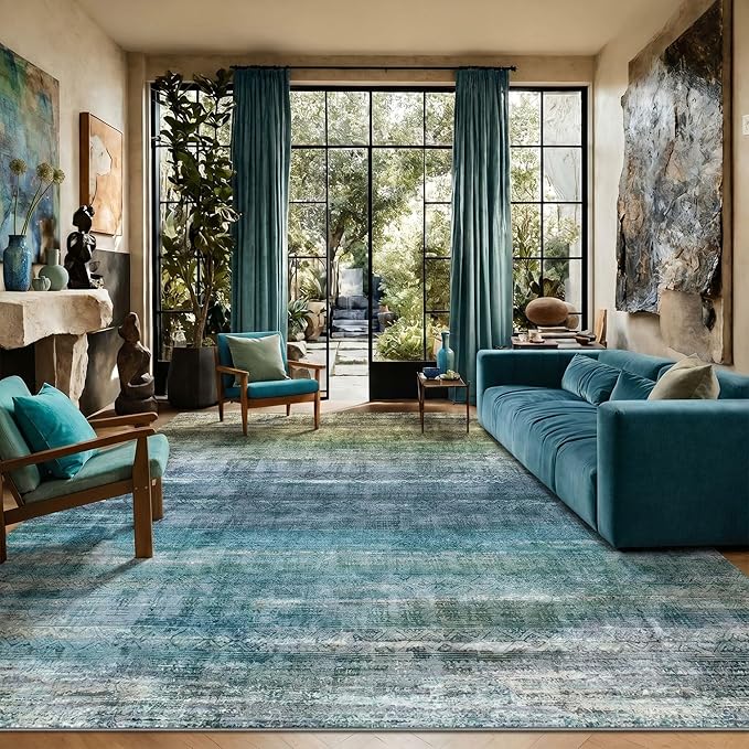 Kokia Abstract Teal Area Rugs 9x12 Bedroom Washable Decor Low Pile Non-Slip Non-Shedding Indoor Carpet Foldable Stain Resistant Floor Living Room Dining Room, Blue and Green