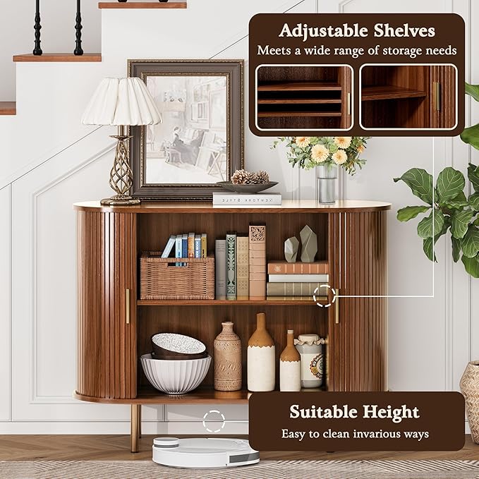 DHH Sideboard Buffet Cabinet with Storage,Mid Century Modern Fluted Accent Coffee Bar Console Table,Tambour Sliding Doors& Adjustable Shelf for Kitchen, Living Room, Entryway(Walnut, 40Inch)