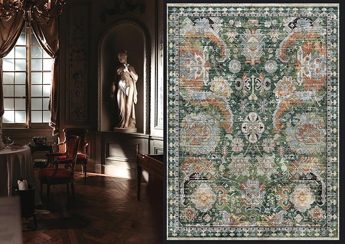 RUGSURE Washable Area Rugs - Perfect for Living Room, Bedroom, Kids Room, Nursery - Stain & Water Resistant Non-Slip, Pet & Child Friendly, Vintage Tribal Area Rugs (Green, 4' x 6')