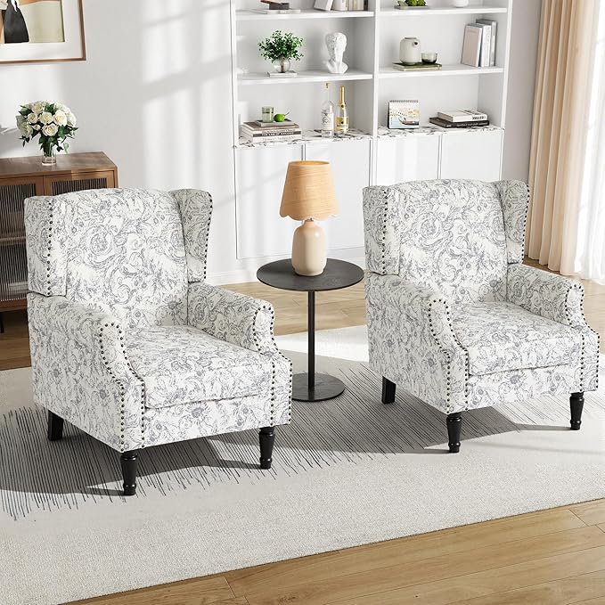 Pia Ricco High Back Floral Accent Chair - Retro Wingback Upholstered Armchair with Nailhead Trim, Solid Wood Legs, Fabric Living Room Bedroom Reading Chair (Rococo Light Gray)