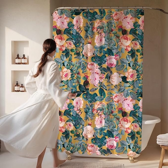 Yellow Pink Peonies Floral Print Shower Curtain - Pretty Flower Pattern - Modern Colorful Classic Design - Vintage Style Cool Fabric Shower Curtain For Any Bathroom - 72x72 Inches (Yellow Floral)