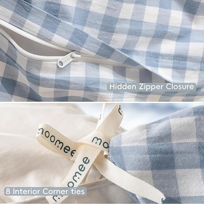 MooMee Gingham Duvet Cover Set 100% Washed Cotton Linen Like Textured Breathable Durable Soft Comfy Modern Checkered Design (Classic Gingham Cornflower Blue, King 104"x90")