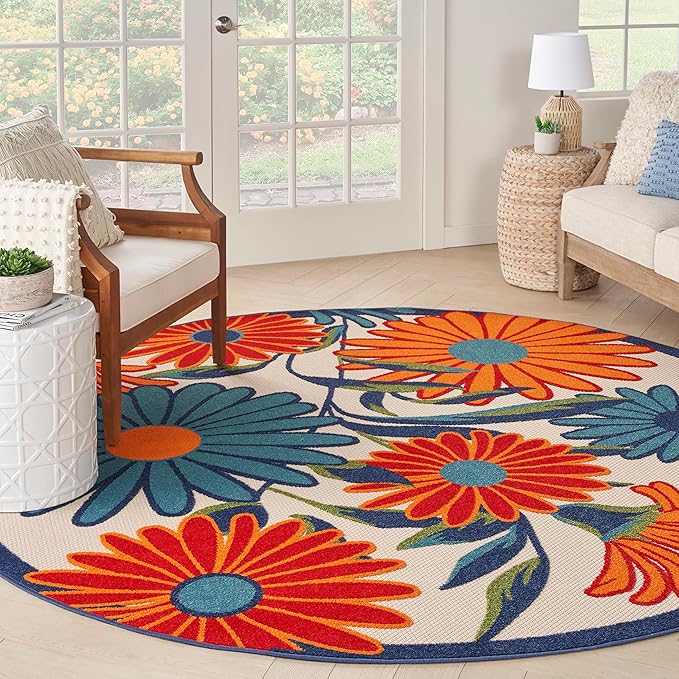 Nourison Home Aloha Multicolor 7'10" x Round Area Rug - Easy Clean, Non Shedding, Bed Room, Living Room, Dining Room, Kitchen (8' x Round)