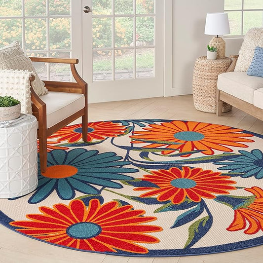 Nourison Home Aloha Multicolor 7'10" x Round Area Rug - Easy Clean, Non Shedding, Bed Room, Living Room, Dining Room, Kitchen (8' x Round)
