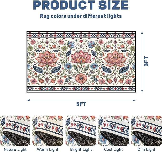 3'x5' Boho Floral Area Rug Vintage Colorful Botanical Carpet Non-Slip Washable Rugs for Entryway Bedroom Living Room Nursery Kitchen Playroom Home Decor