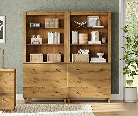 WAMPAT 71" Tall Bookcase with 6 Drawers & Open Shelves, 2 Column Modern 3-Tier Bookshelf with Adjustable Shelf, 71" Wide Wooden Display Book Shelf for Home Office, Living Room, Bedroom, Oak Brown