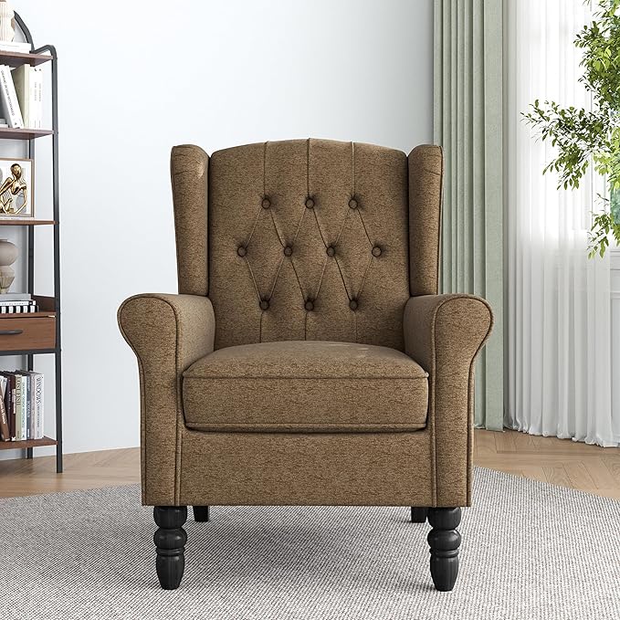 Lumibee High Back Accent Chair, Wingback Chair for Living Room, Button-Tufted Upholstered Fabric Armchair with Solid Wood Legs, Comfy Single Sofa Reading Chair for Bedroom,Taupe