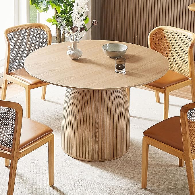 JUSTONE 47.2''Round Dining Table for 4,Modern Kitchen Table with Wooden Pedestal Base,Minimalist Elegant Dining Table for Living Room, Dining Room(φ47.2"x29.5"H, Natural Wood)