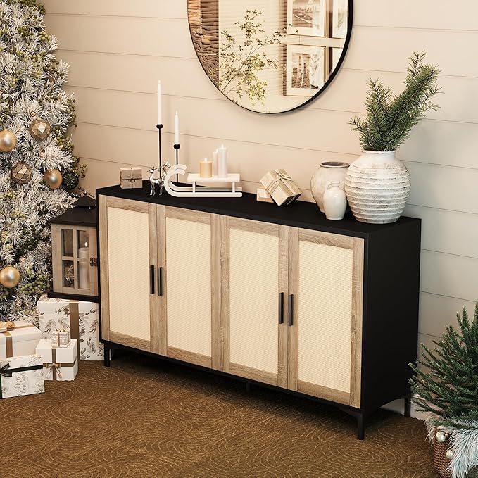 JASIWAY Buffet Cabinet with Storage, 48" Rattan Sideboard with Adjustable Shelves, Modern Coffee Bar Cabinet Console Table with Doors, Credenza for Kitchen, Living Room, Entryway, Dining Room, Black