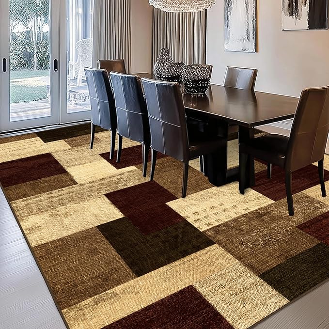 Modern Geometric Patchwork Indoor Area Rug for Living Room, Red 4x6 Large Rug Rockwood Collection Hardwood Floors Decor for Bedroom, Burgundy Throw Carpet for Office Entryway Dining Room