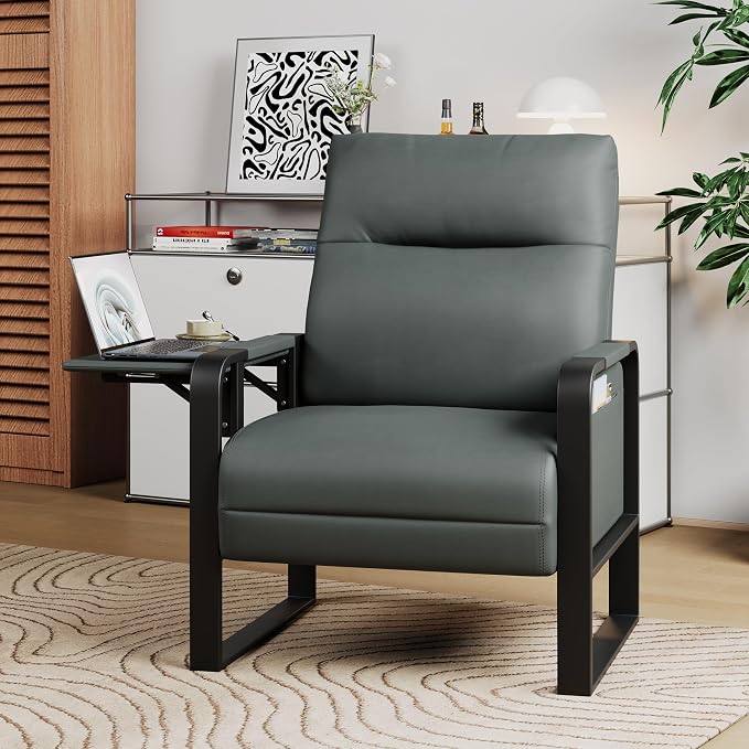 Upholstered Living Room Chair Armchair Set of 2, Mid Century Faux Leather Metal Accent Chair, Reception Couch Slipper Club Lounge Chair Guest Comfy Single Sofa with Sidetable-Dark Grey