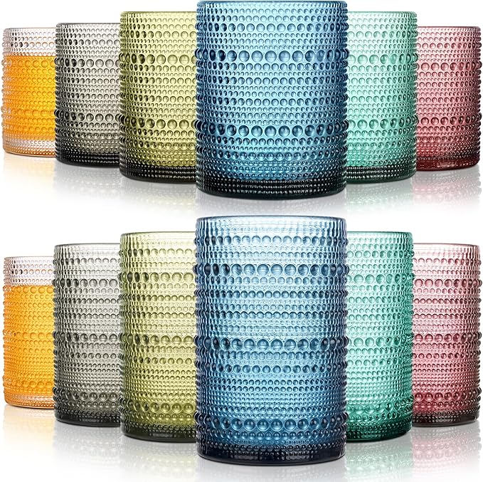 Colored Hobnail Drinking Glasses Set of 12, 15oz&12oz Kitchen Vintage Glassware, Embossed Beaded Water Tumbler for Cocktail, Juice and Various Mixed Drinks Dishwasher-Safe