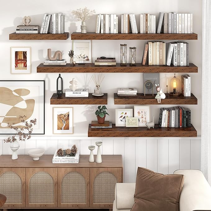 Floating Shelves for Wall, 48" W x 12" D x 2" H, 2 Pack of Long Wall Mounted Engineered Wood Shelves with Invisible Brackets for Living Room, Bedroom, Bathroom, Kitchen Decor, Brown