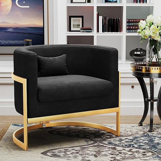 Velvet Accent Chair Gold Modern Barrel Chair Upholstered Arm Chairs for Bedroom Living Room Sofa Chair Club Chairs Black