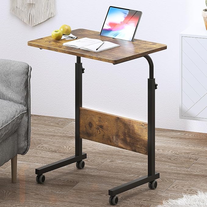DlandHome Rolling Desk Mobile Standing Desk Mobile Side Table 23.6 Inches w/Wheels Adjustable Movable Portable Laptop Computer Stand for Bed Sofa,Retro,05-1-60FG