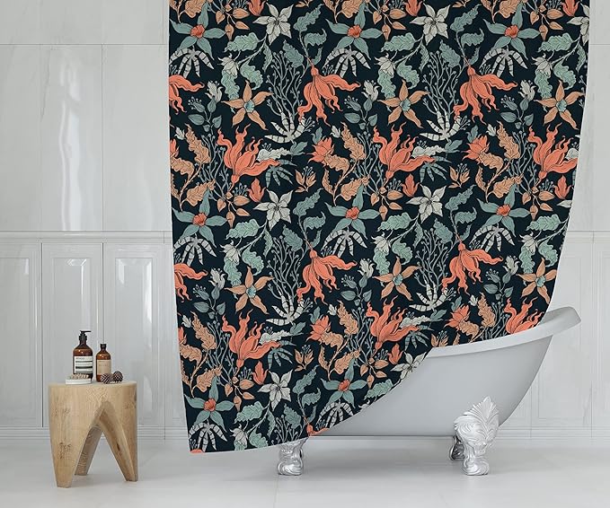 Dark Coral Floral Print Shower Curtain - Moody Modern Black Flowers Pattern - Modern Home Decor - Vintage Botanical Style Cool Fabric Shower Curtain For Any Bathroom - 72x72 Inches (Dark Floral)