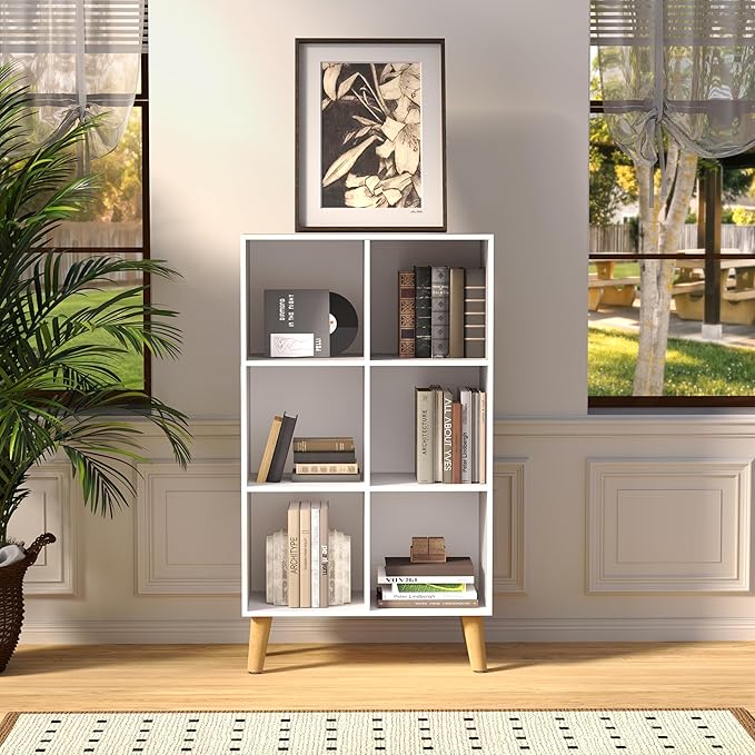 6 Cube Storage Organizer with Legs, 3 Tier Cube Low Bookcase Freestanding Storage Display Organizer for Home Office, Three-Cubes Open Shelf Short Bookshelf (White, 6 Cube Vertical)