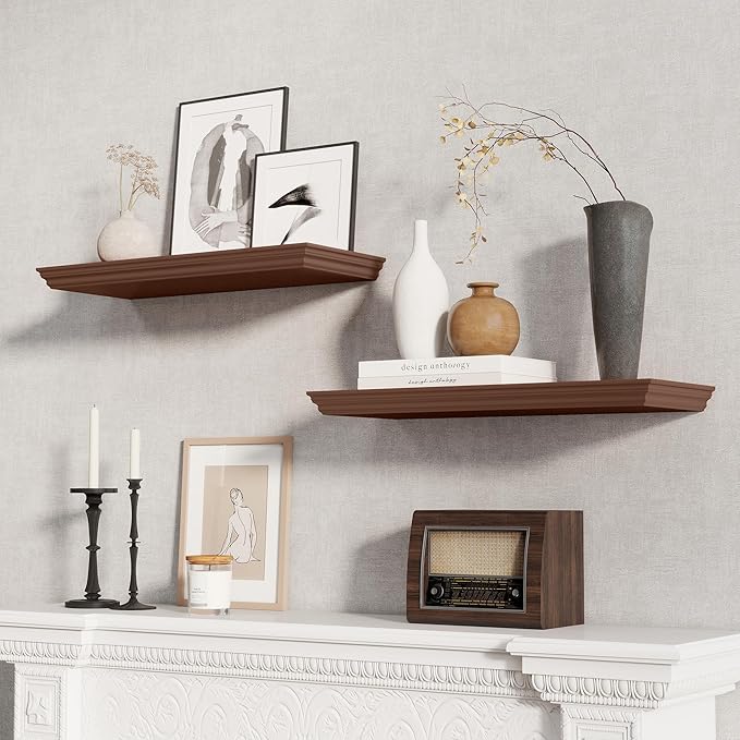 Fun Memories Floating Shelves 24 Inch Long, 9.3 Inch Deep Classic Crown Molding Floating Shelves for Wall, Rustic Wooden Shelves for Wall Decor Bathroom, Kitchen, Office, (Walnut, 2Pack)