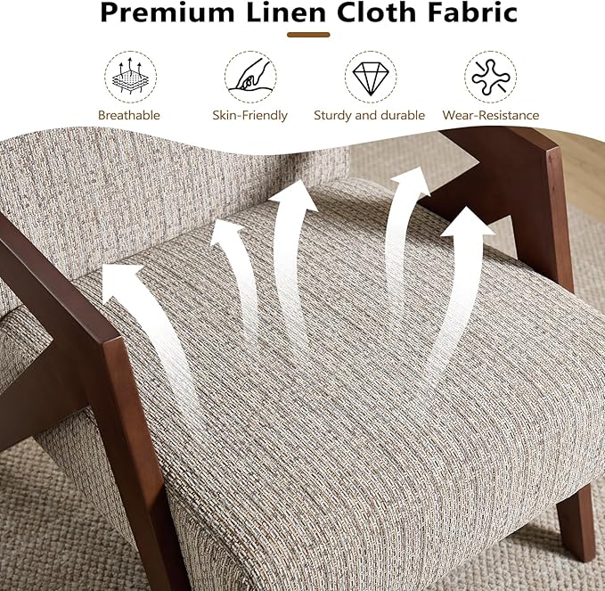 Bonzy Home Mid-Century Modern Accent Chair Set of 2 with Wood Frame, Upholstered Armchair for Bedroom & Living Room, Linen Fabric Cushion, Z-Shaped Armrest Design, Sturdy Lounge Chair