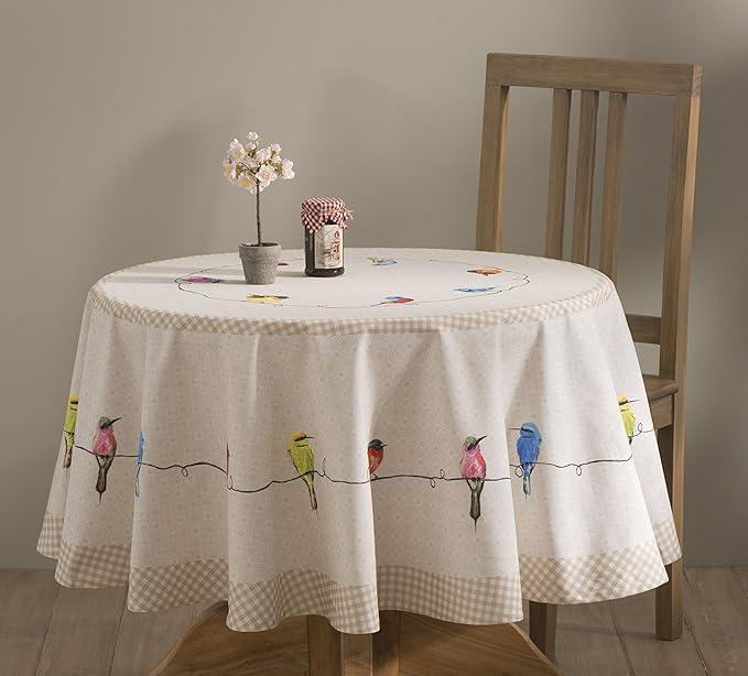 Maison d' Hermine Table Cloth Round Table 100% Cotton 63 Round Inches Tablecloth Reusable Decorative for Dining Room Farmhouse Home Valentines Day Decorations Spring Summer - Birdies on Wire