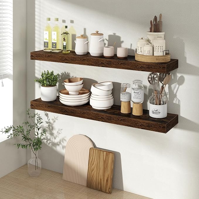 30 Inch Floating Shelves for Wall 2 Pack, 30" Wall Shelves for Books, Storage, Decor, Wall Mounted Floating Shelf with Invisible Brackets for Kitchen, Living Room, Brown