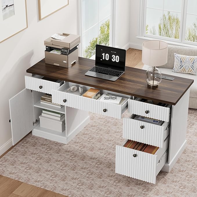 Garvee 60" Office Desk with Storage Cabinet & Drawers. Fluted Wood Computer Desk with Power Outlet & Adjustable Shelves.Modern Executive Desk for Home Office/Bedroom/Gaming-White