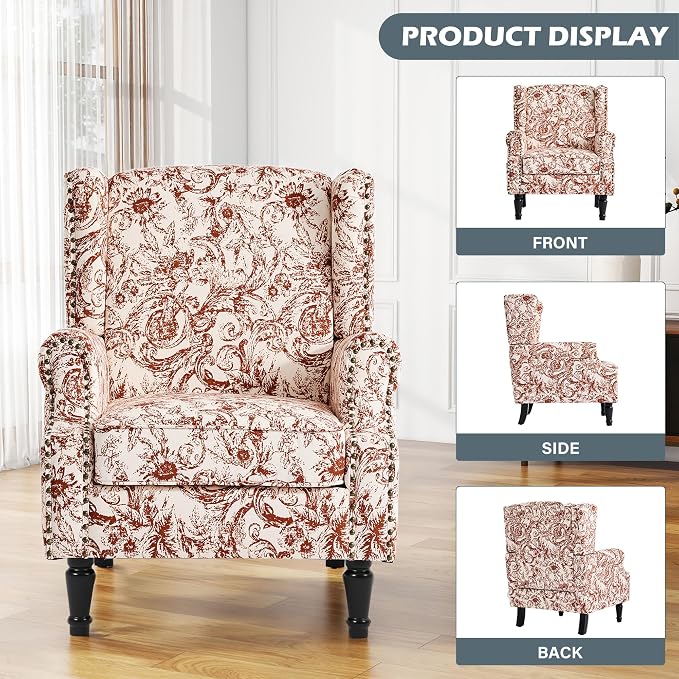 High Back Floral Accent Chair, Fabric Wingback Chair Upholstered Armchair for Living Room - Rococo Orange