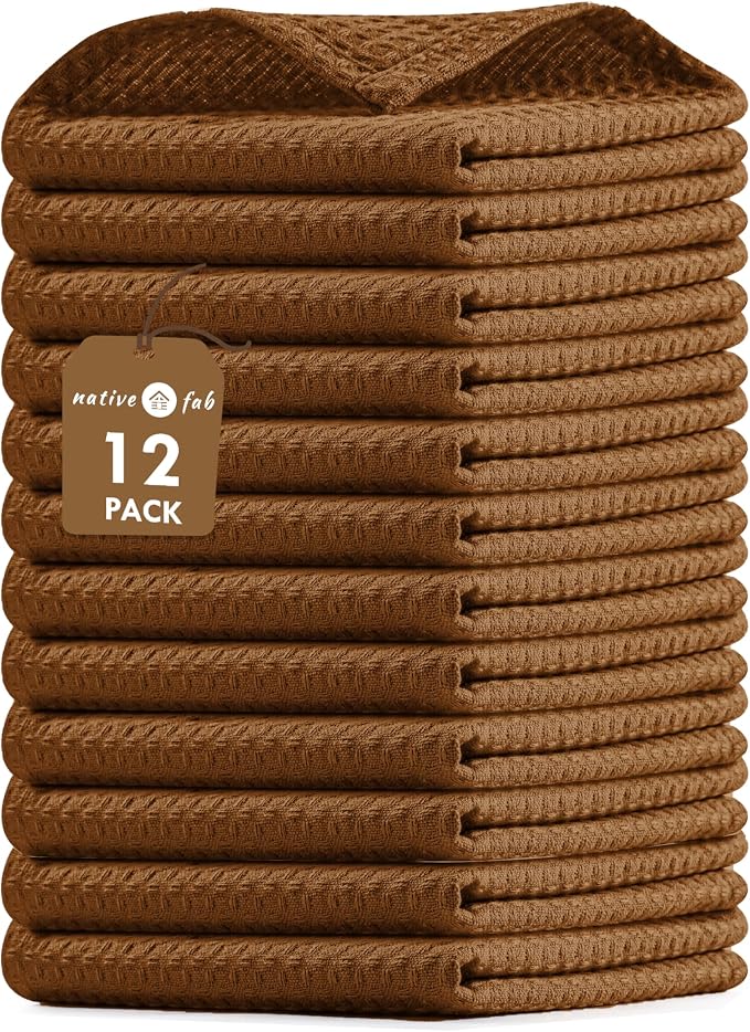 Native Fab Waffle 12 Pack Dish Cloths - 100% Cotton, Absorbent, Quick Drying, Washable Towels for Cleaning, Cooking & Baking - Ideal for Home, Restaurants, Bars, BBQs - 12 x 12 inches - Brown