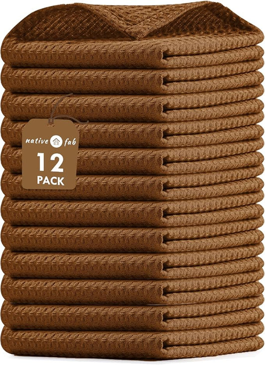 Native Fab Waffle 12 Pack Dish Cloths - 100% Cotton, Absorbent, Quick Drying, Washable Towels for Cleaning, Cooking & Baking - Ideal for Home, Restaurants, Bars, BBQs - 12 x 12 inches - Brown
