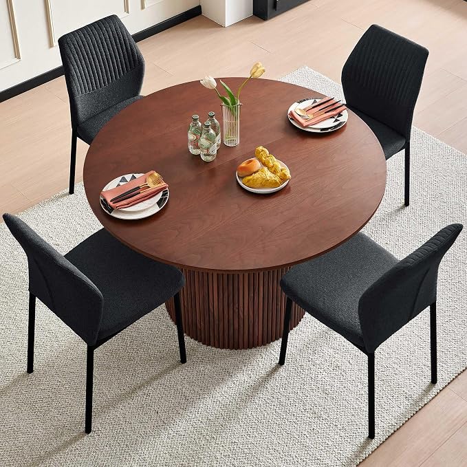 Dining Table Set for 4, 47" Wooden Round Kitchen Table with Linen Fabric Chairs for Kitchen Room and Small Spaces(Walnut Table + 4 Black Chairs)