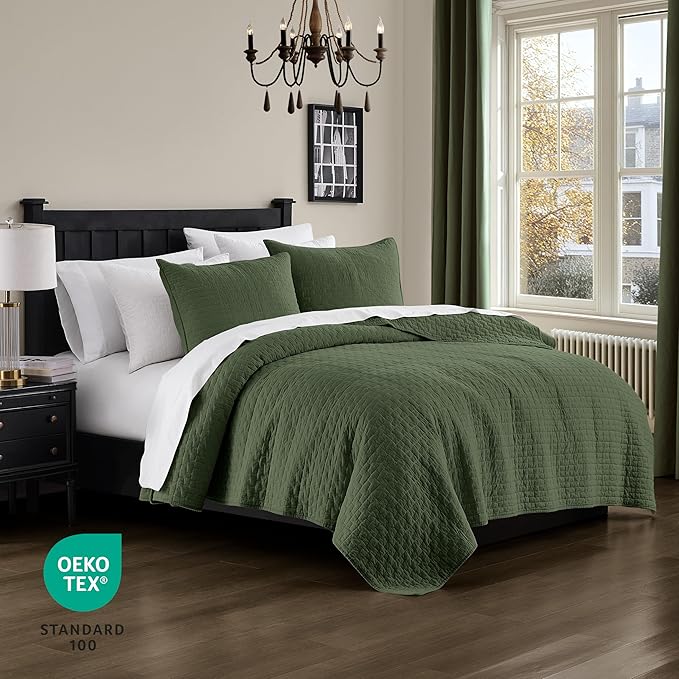 palassio Olive Green 100% Cotton Quilt King Size Bedding Sets with 2 Pillow Shams, Textured Lightweight Soft Bedspread Shabby Chic Coverlet, Quilted Comforter Bed Cover for All Season, 3 Pieces