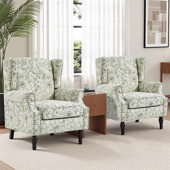 Wingback Chairs Set of 2, High Back Floral Accent Chair in Fabric, Comfy Upholstered Armchair with Nailhead Trim for Living Room, Single Sofa Reading Chair for Small Spaces, Bedroom-Rococo Green