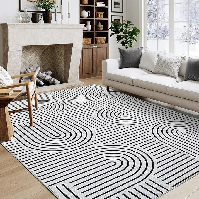 Washable Rug 8x10 Area Rugs for Living Room, Abstract Rug for Bedroom, Soft Rainbow Non Slip Rugs with Rubber Back, Low Pile Stain Resistant Boho Geometric Carpet for Dining Room, Blackwhite