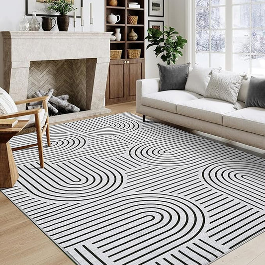 Washable Rug 8x10 Area Rugs for Living Room, Abstract Rug for Bedroom, Soft Rainbow Non Slip Rugs with Rubber Back, Low Pile Stain Resistant Boho Geometric Carpet for Dining Room, Blackwhite