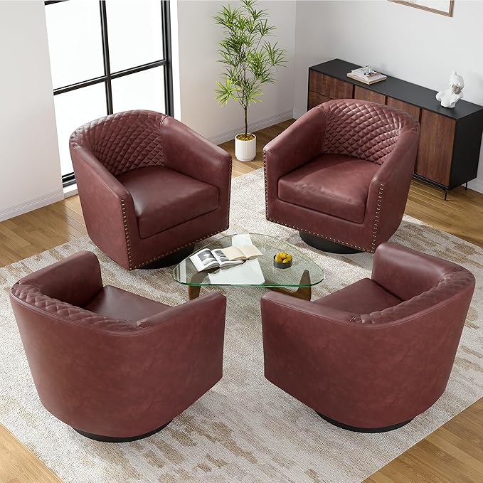 UIXE Swivel Accent Chairs Set of 4, PU Leather Barrel Club Chair for Living Room, Upholstered Round Armchair Comfy Single Sofa Bedroom Reading Seat - Red Brown