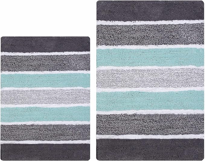 Bathroom Rugs Set 2 Piece Grey/Aqua Luxury Stripe Non-Slip Cotton Bath Mats for Bathroom Floor |Quick Dry Shaggy Carpet for Tub Spa Shower|Living Room Entry Way Door Mats |21x32 & 17x24 Inches