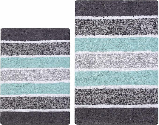 Bathroom Rugs Set 2 Piece Grey/Aqua Luxury Stripe Non-Slip Cotton Bath Mats for Bathroom Floor |Quick Dry Shaggy Carpet for Tub Spa Shower|Living Room Entry Way Door Mats |21x32 & 17x24 Inches