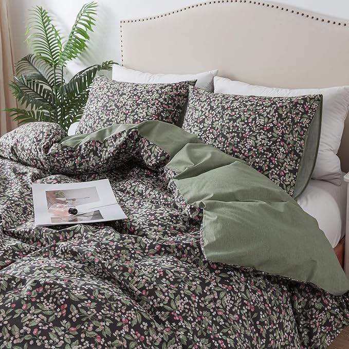 HoneiLife Duvet Cover Queen Size - Cotton Comforter Cover Floral Duvet Cover Sets 3-PC, Soft Bedlinen for Set with Zipper Closure & Corner Ties, Wildflower Comforter Cover Sets,Berry