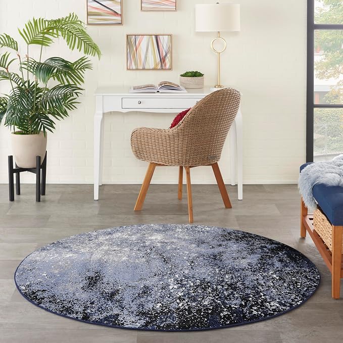 Nourison Home Passion Light Blue Black 4' x Round Area Rug - Easy Clean, Non Shedding, Bed Room, Living Room, Dining Room, Kitchen (4' x Round)