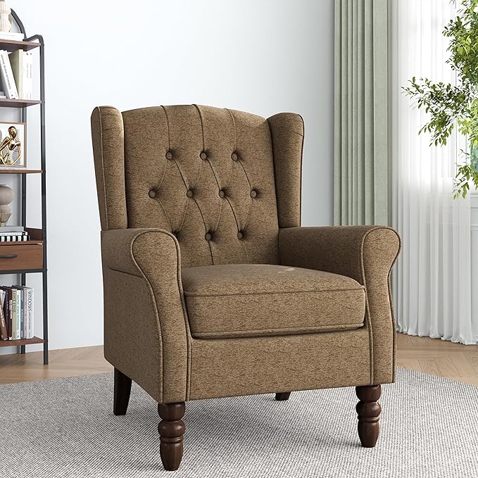 Accent Chair, High Back Upholstered Chair with Button Tufted, Mid-Century Modern Comfy Wingback Chair Reading Armchair in Fabric for Living Room for Bedroom, Office-Brown