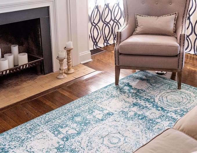 Unique Loom Bromley Collection Area Rug - Wells (4' 1" x 6' 1" Rectangle, Turquoise/ Ivory)