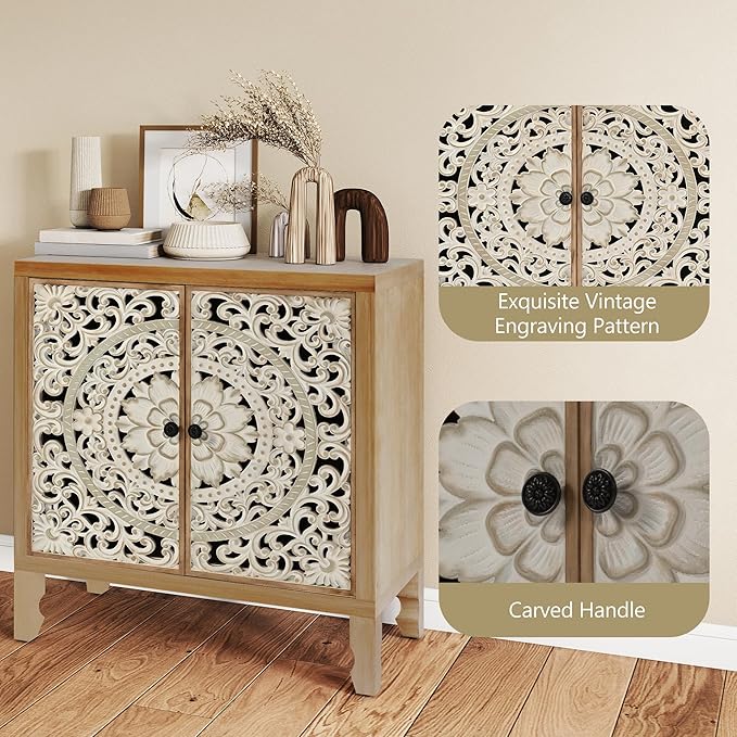 Buffet Cabinet with Storage, Accent Cabinet with 2 Carved Doors, Solid Wood Sideboard with Adjustable Shelf, Vintage Cabinets for Kitchen, Living Room, Entryway, White