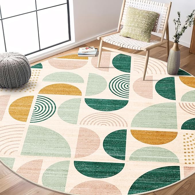 MUJOO Round Rugs 6ft,Circle Area Rug Washable,Circular Rugs for Living Room Dining Room,Large Boho Non Slip Throw Floor Carpet Modern Abstract Sage Green