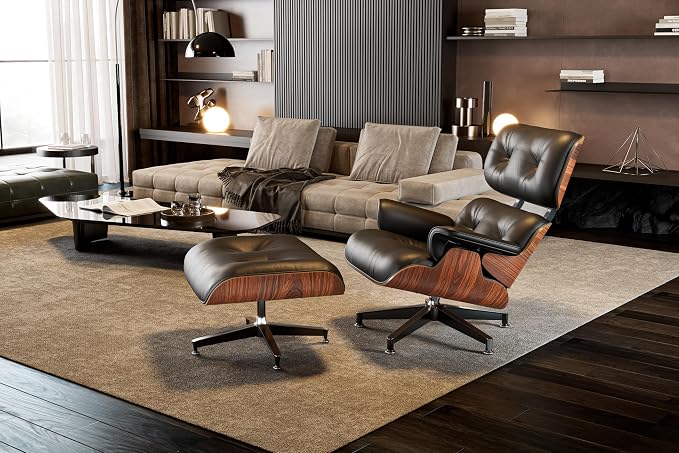 Luxury Top Grain Leather Mid Century Chaise Lounge Chair with Ottoman, Heavy Duty Base Support, Reading Chair, Modern Arm Chair, Leather Accent Chair for Living Room and Office, Rosewood