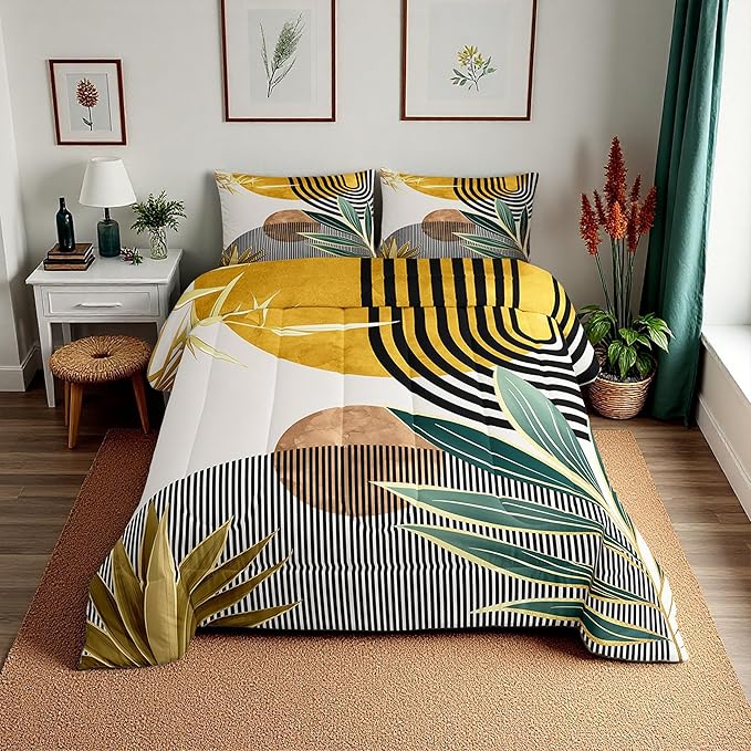 Erosebridal Mid Century Bedding Set Toddler Size Contemporary Bohemian Comforter Set,Modern Abstract Stripes Bedding Comforter Sets Geometric Retro Minimalism Quilt for Boys Girls,Yellow