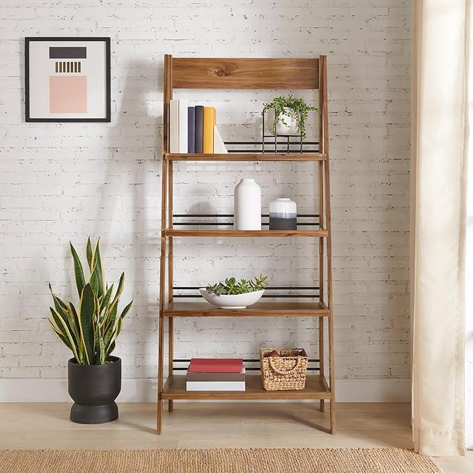 Alaterre Furniture Ladder Bookshelf - Freestanding 4-Tier Bookcase with X-Back Frame - Shelves for Living Room, Kitchen, Bedroom, and Office (Walnut)